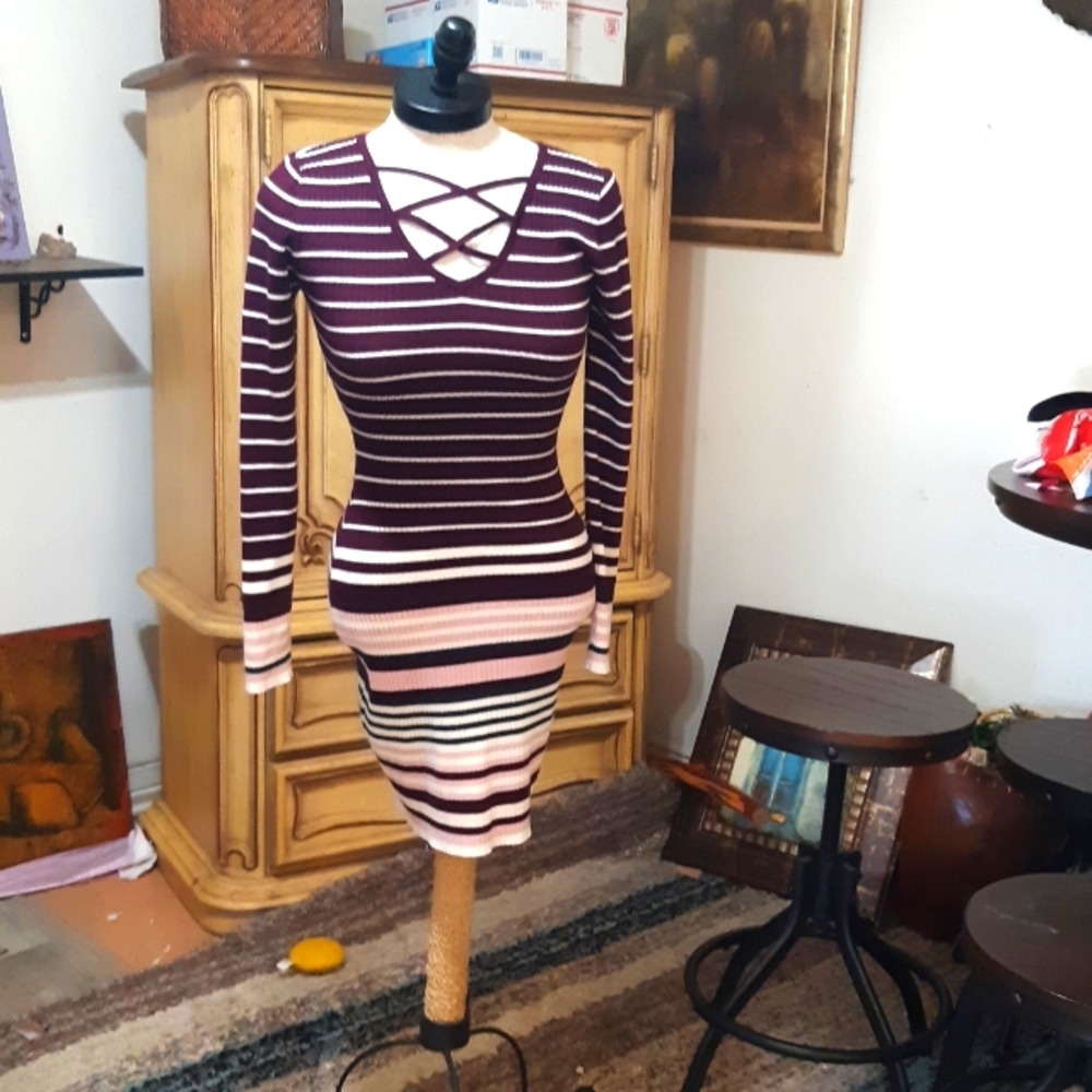 Sweater dress Stretch sz Med stripes Long Sleeve Tight Stretchy